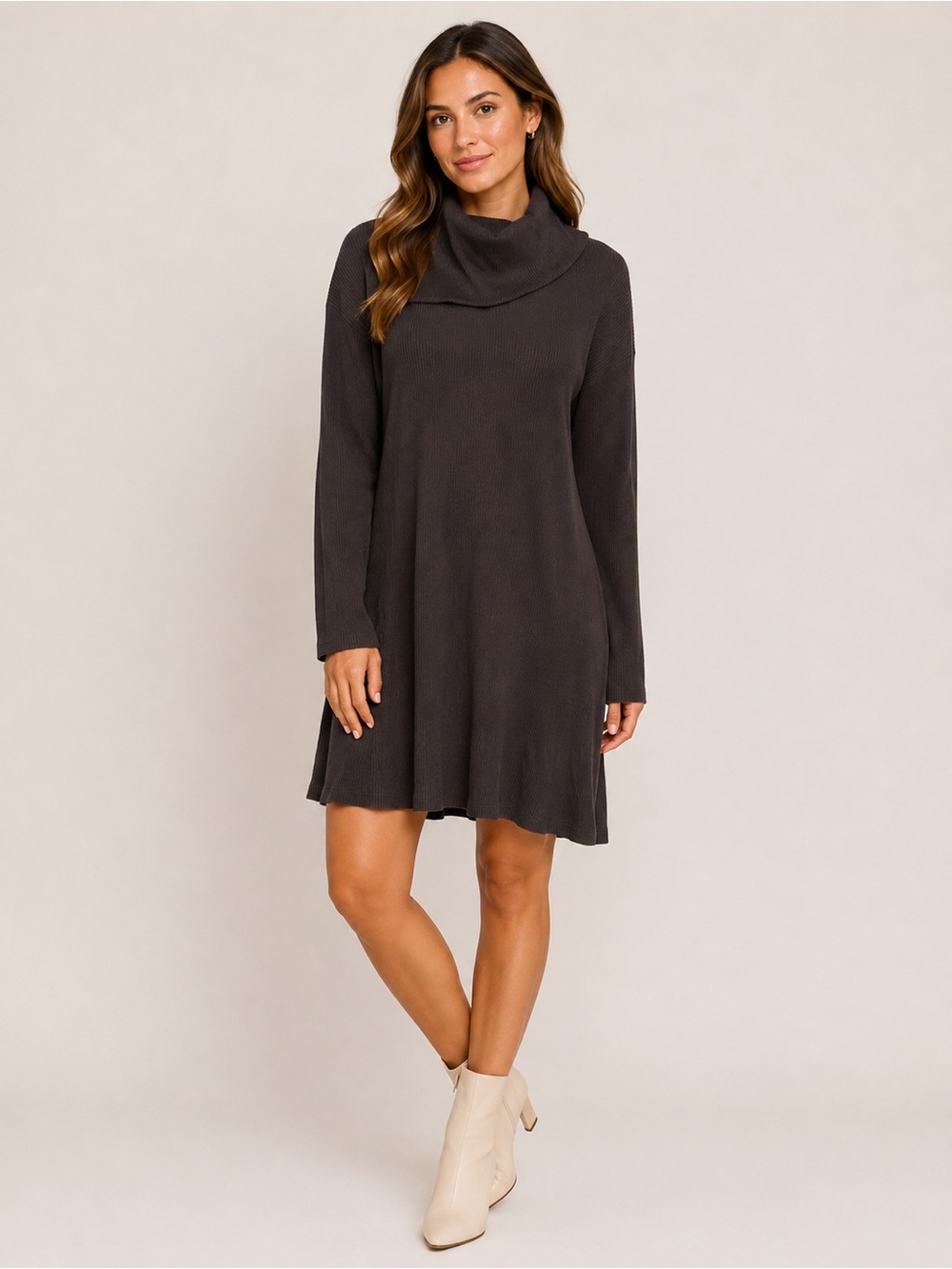ZARA women’s asymmetrical turtleneck ribbed dress brown size large NWT